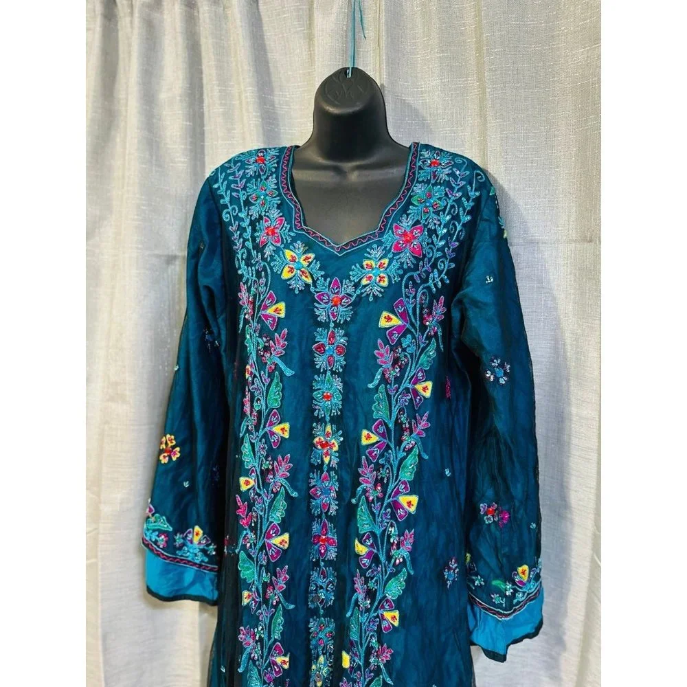 Dress gown maxi abaya turquoise green blue embroidered boho fashion - Picture 6 of 12